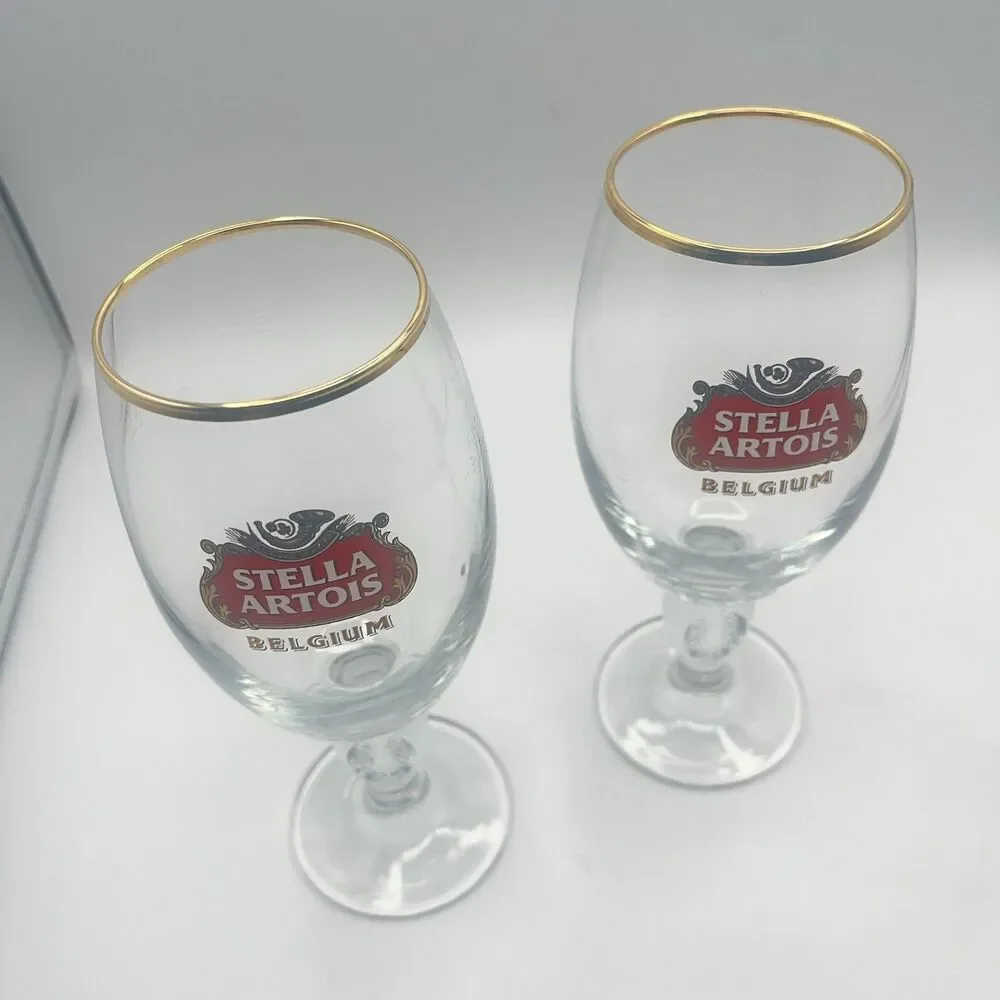 STELLA ARTOIS Belgium Chalice Beer Glass 33 CL Gold Rim (Set Of 2)